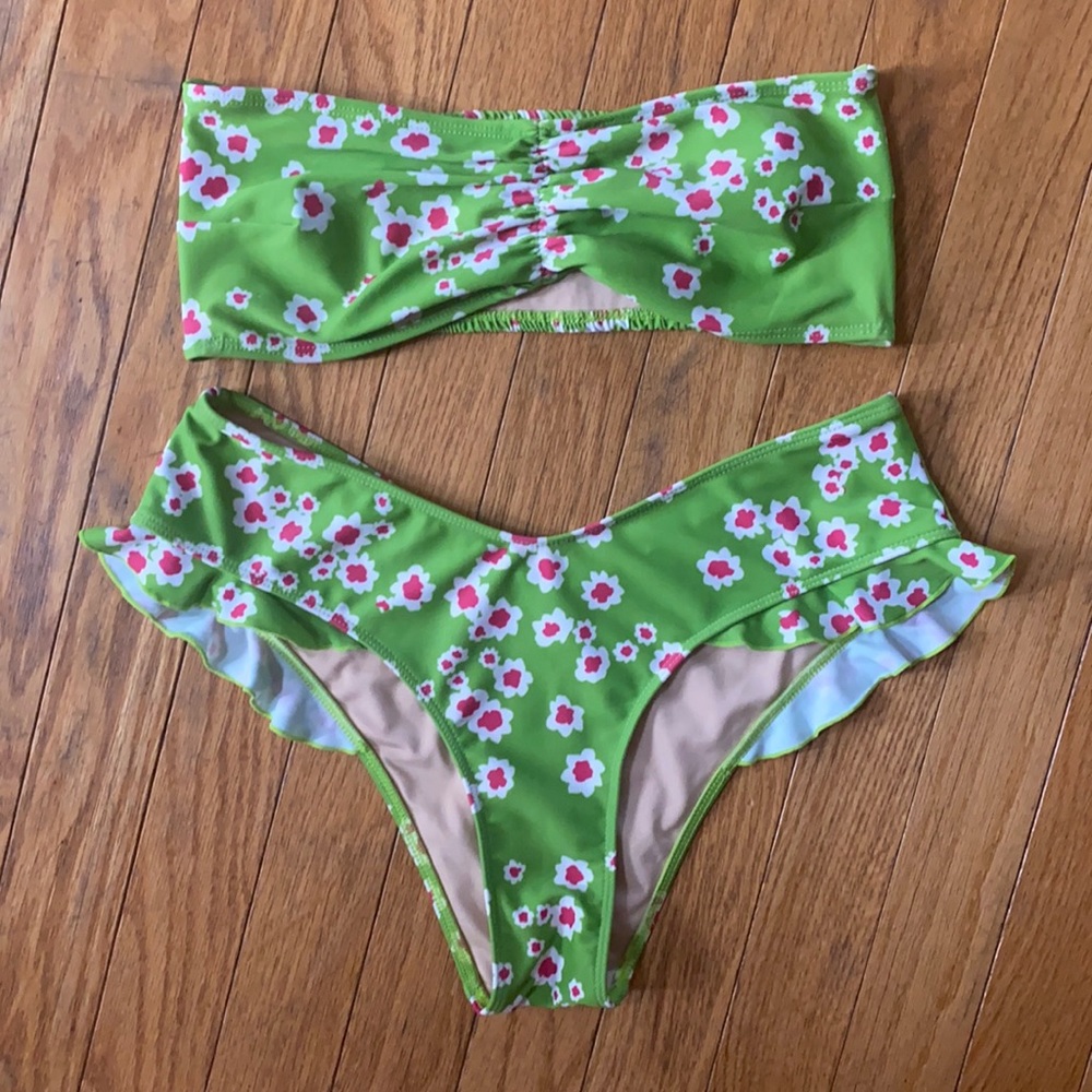 Faithfull the Brand Green Floral Bandeau Bikini Set